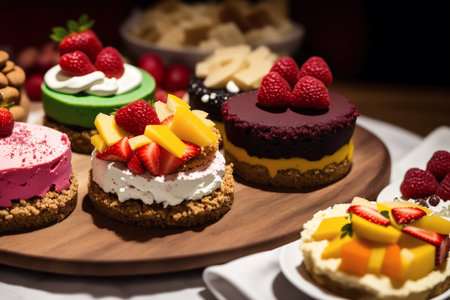 Assortment of mini cakes with berries and fruits on wooden board.の素材
