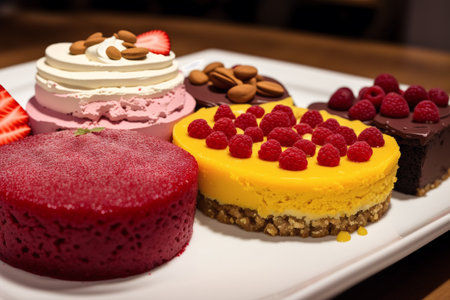Colorful cakes on a white plate with raspberries and strawberriesの素材