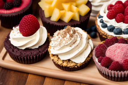 Chocolate cupcakes with cream and berries on a wooden background.の素材