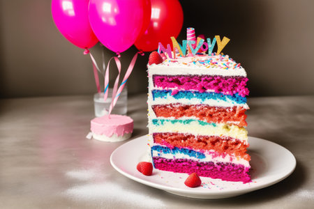 Birthday cake with candles and balloons on grey background, closeupの素材