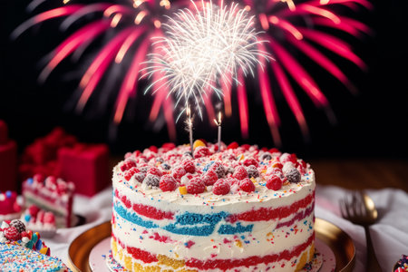 Birthday cake with burning candles and fireworks on dark background, closeupの素材