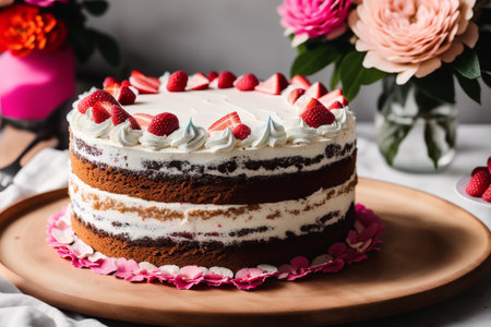 Delicious birthday cake with fresh berries on table, closeup viewの素材