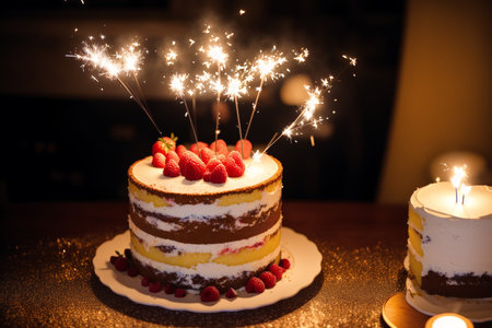 Birthday cake with sparklers and strawberries on a dark background.の素材
