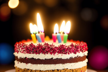 Birthday cake with candles on wooden background. Selective focus.の素材