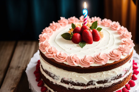 Birthday cake with candles on a light background. Selective focus.の素材