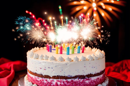 Burning candles with sparklers on wooden table. Festive background.の素材