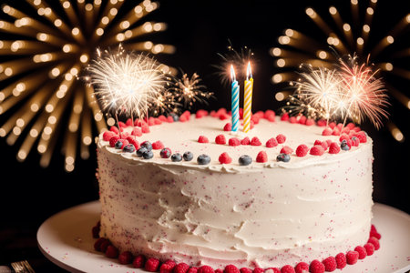 Birthday cake with candles and balloons on a black background. Close-upの素材