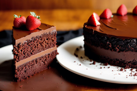 Chocolate cake with strawberries on a wooden background. Selective focus.の素材