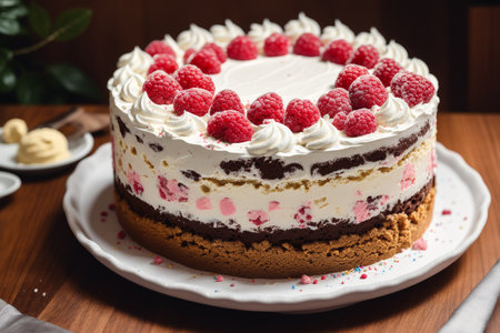Raspberry cake with whipped cream and fresh raspberries on topの素材