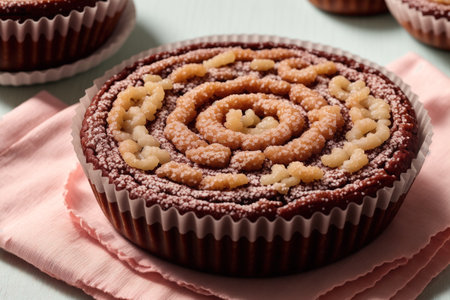 Delicious chocolate tartlets on table, closeup. Delicious dessertの素材