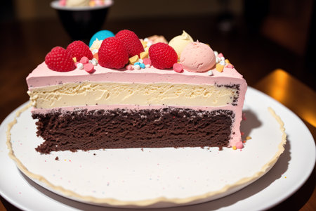 Piece of chocolate cake with raspberries and macaroonsの素材
