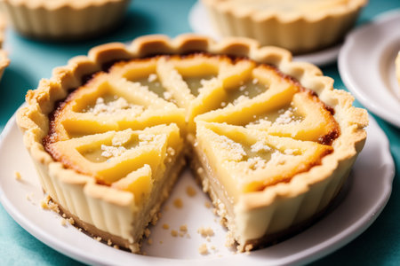 Lemon tartlets on a blue background. Selective focus.の素材