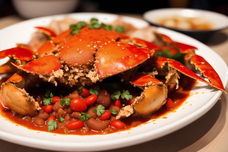 Close up of steamed crab in spicy sauce on white plate.の素材