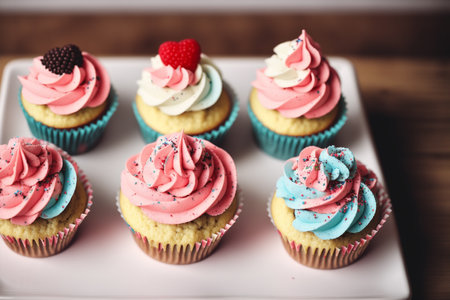 Cupcakes decorated with pink and blue frosting on white plateの素材