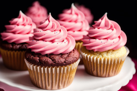 Pink cupcakes on a white plate on a black background. Toned.の素材