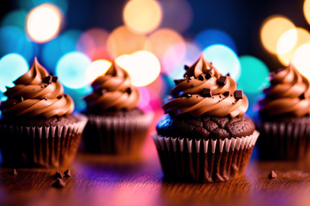 Chocolate cupcakes decorated with cream and chocolate shavings on bokeh background.の素材