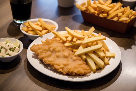 Fish and chips on a white plate in a fast food restaurant.の素材