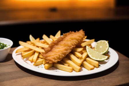 Fish and chips on a white plate with a lime in the backgroundの素材