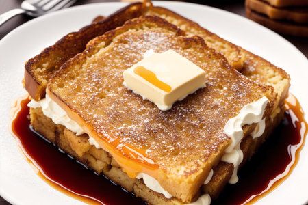 French toast with butter and honey on a white plate, closeupの素材