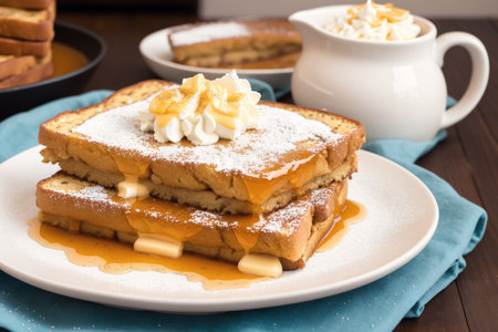 French toast with caramel sauce and whipped cream on a wooden table.の素材