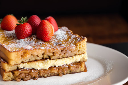 French toast with strawberries and powdered sugar on a white plate. Selective focus.の素材