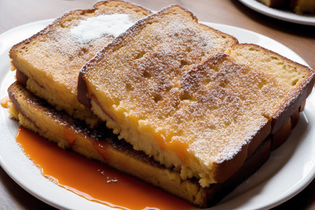 French toast with honey and butter on a white plate on a wooden tableの素材
