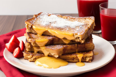 French toast with honey and strawberry on a wooden table. Selective focus.の素材