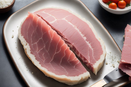 Slices of fresh tuna fish fillet on a plate.の素材