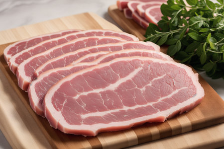Sliced raw pork loin on wooden cutting board with herbsの素材