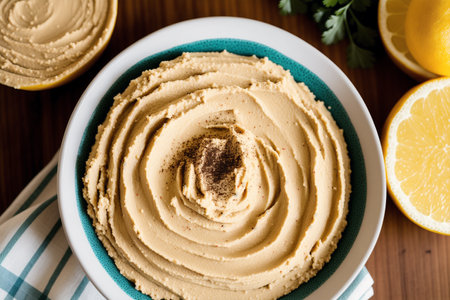 Homemade Olive Oil Hummus with Lemon Slice and Parsleyの素材