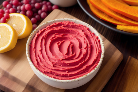 Homemade pumpkin hummus with fresh fruits on wooden background. Healthy food concept.の素材