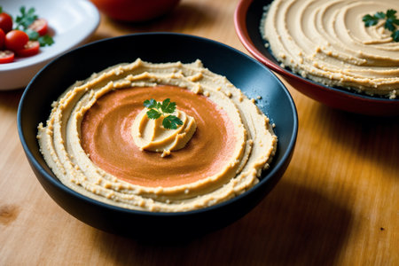 Bowl of hummus with olive oil and parsley on wooden tableの素材