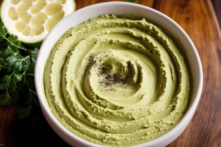 Avocado hummus in bowl with lime and parsley on wooden tableの素材