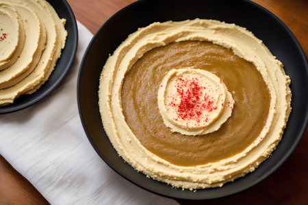 Hummus in a black bowl on a white tablecloth.の素材