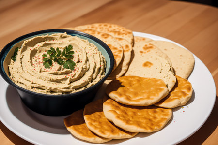 Bowl of hummus with crackers on a wooden table.の素材