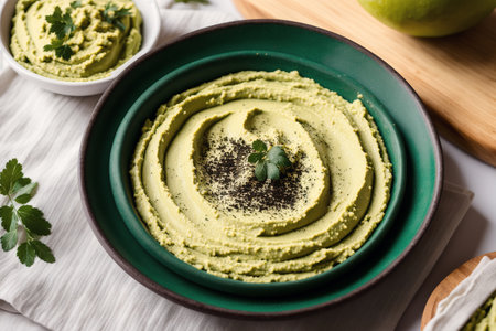 Avocado hummus with cilantro and olive oil in a bowlの素材