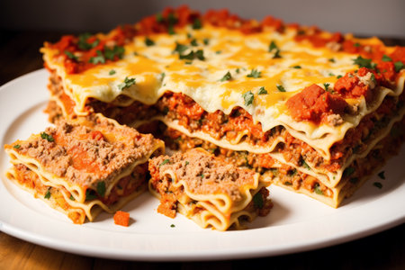 Lasagna with minced meat and vegetables on a white plate on a wooden tableの素材