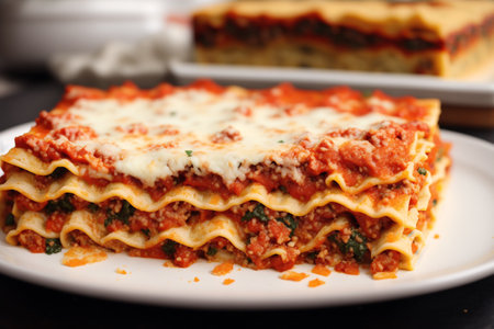 Tasty lasagna on plate, closeup. Delicious italian foodの素材