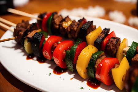 Beef kebab on skewer with two glasses of beerの素材