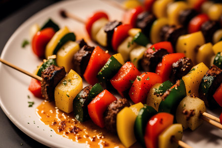 grilled meat with vegetables on skewers and a glass of beerの素材