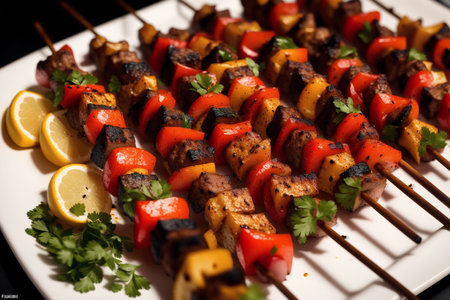 grilled kebab on skewers with vegetables and beer on a wooden tableの素材