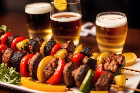 Beef shish kebab on skewers with vegetables.の素材