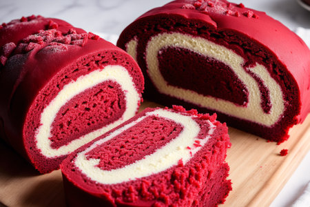 Sliced red velvet roll cake on white marble background. Top view.の素材