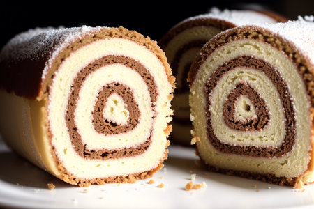 Sliced chocolate roll cake on a white plate, close upの素材