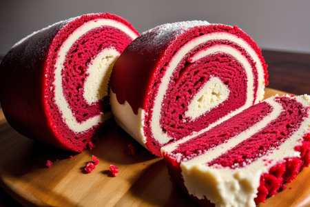 Red velvet roll cake on wooden background. Shallow dof.の素材