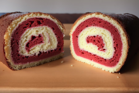 Red velvet roll cake with cream filling on wooden table, close upの素材