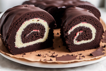 Chocolate roll cake with cream and chocolate on a white background.の素材