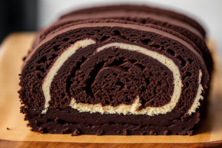 Chocolate roll cake on wooden table. Shallow dof.の素材