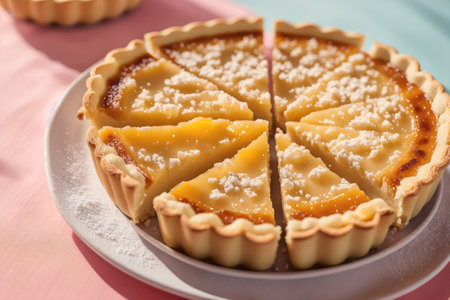 Delicious homemade tartlets on table, closeup. Delicious dessertの素材