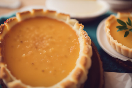 Pumpkin tart on wooden table. Close-up. Selective focus.の素材